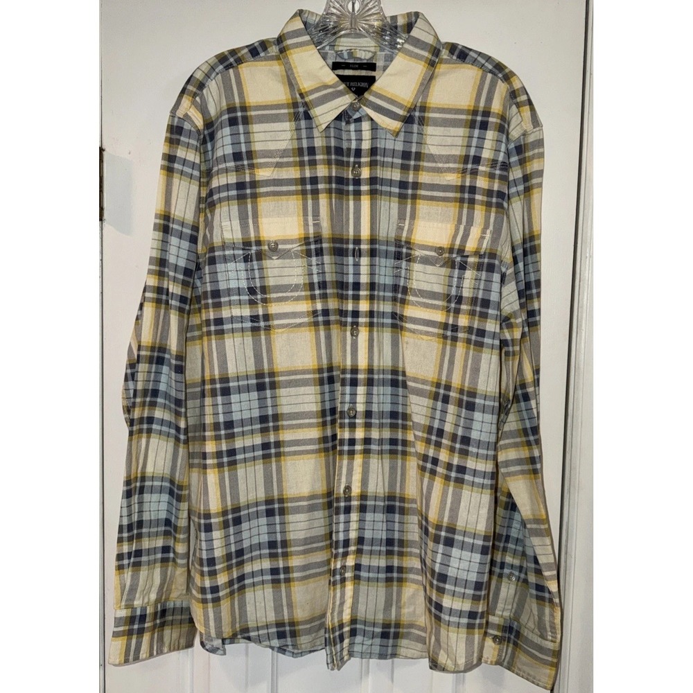 True Religion Shirt Mens XL Plaid Button Up Long Sleeve Embroidered Slim